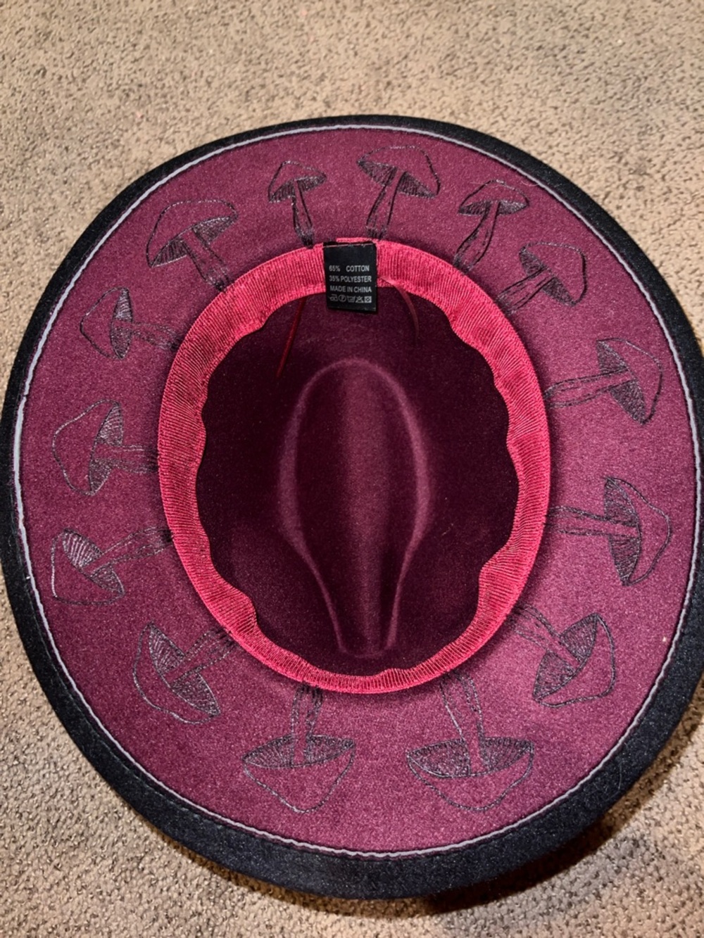 Hand Drawn Hand Burned maroon black Felt Hat Cowboy cowgirl mushrooms
